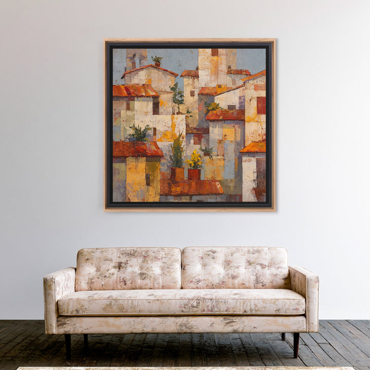 Sunset over Red Tiled Rooftops Framed Canvas Print, Mediterranean Art, Gallery Wall Art, Living Room Decor, Fine Art, Azure, MAR-1x1-71