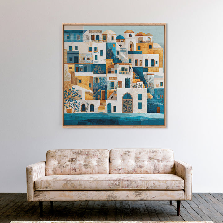 Greek Island White Buildings Above Blue Sea Canvas Print, Mediterranean Art, Neutral Decor, Living Room Decor, Azure, MAR-1x1-73
