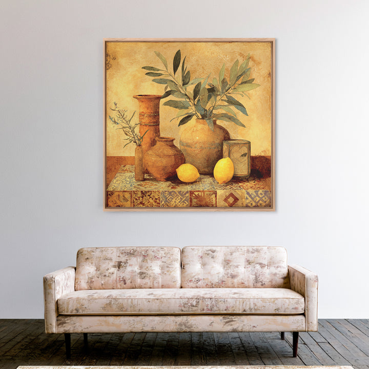 Olive Branch and Lemons on Terracotta Ground Canvas Print, Mediterranean Art, Downloadable Art, Living Room Decor, Azure, MAR-1x1-74