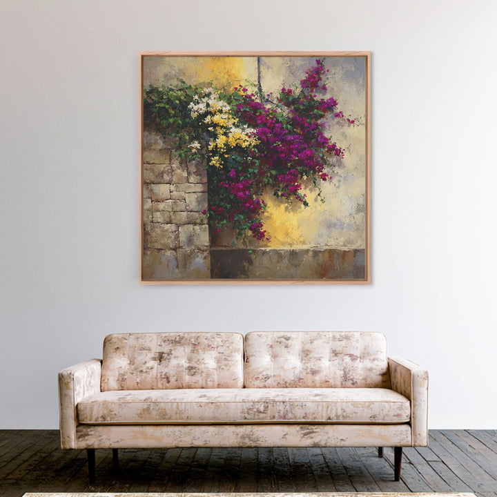 Bougainvillea Cascading over Stone Wall Canvas Print, Mediterranean Art, Modern Decor, Living Room Decor, Fine Art, Azure, MAR-1x1-77