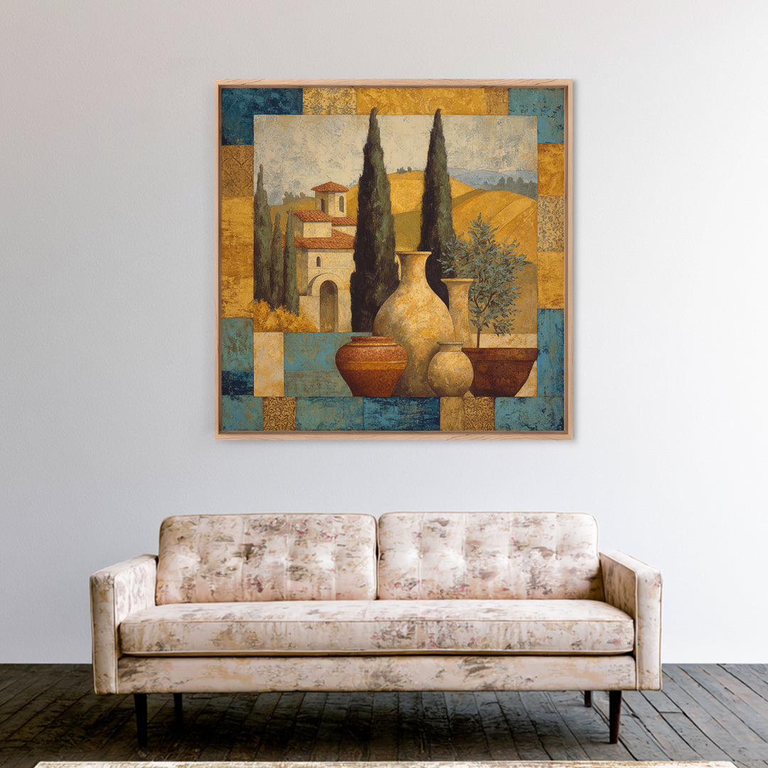 Tuscan Cypress Trees and Golden Hillside Framed Canvas Print, Mediterranean Art, Beach Prints, Living Room Decor, Azure, MAR-1x1-78