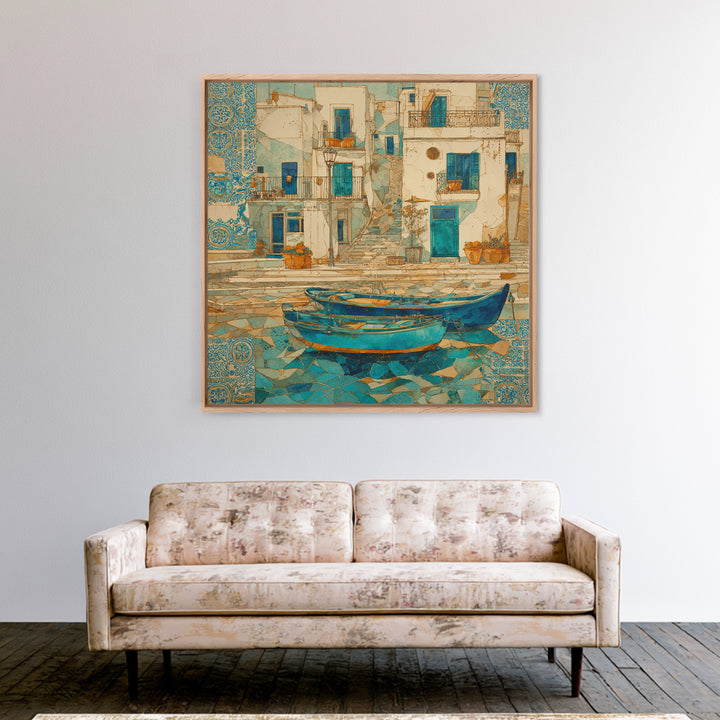 Coastal Fishing Boats Framed Canvas Print, Mediterranean Art, Wall Decor, Living Room Decor, Oil Painting, Azure, MAR-1x1-79