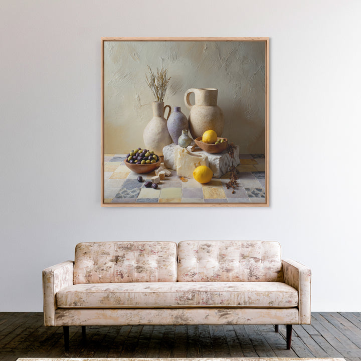 Figs Olives and Cheese Still Life Framed Canvas Print, Mediterranean Art, Printable Art, Living Room Decor, Fine Art, Azure, MAR-1x1-8