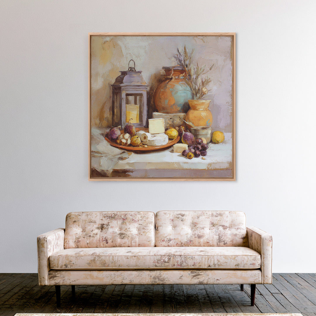 Figs Olives and Cheese Still Life Framed Canvas Print, Mediterranean Art, Wall Decor, Living Room Decor, Fine Art, Azure, MAR-1x1-80