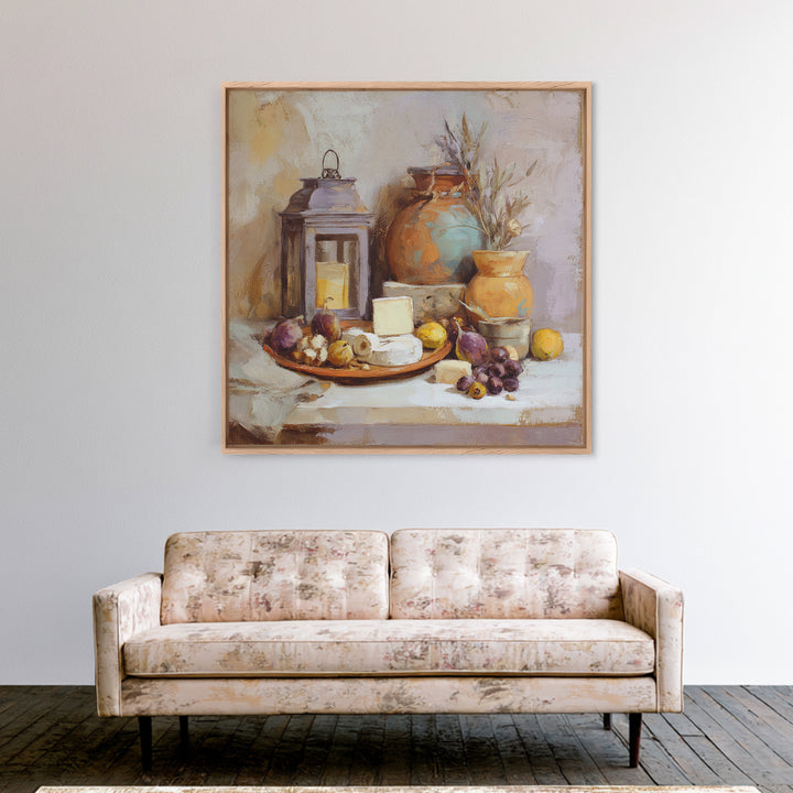 Figs Olives and Cheese Still Life Framed Canvas Print, Mediterranean Art, Wall Decor, Living Room Decor, Fine Art, Azure, MAR-1x1-80