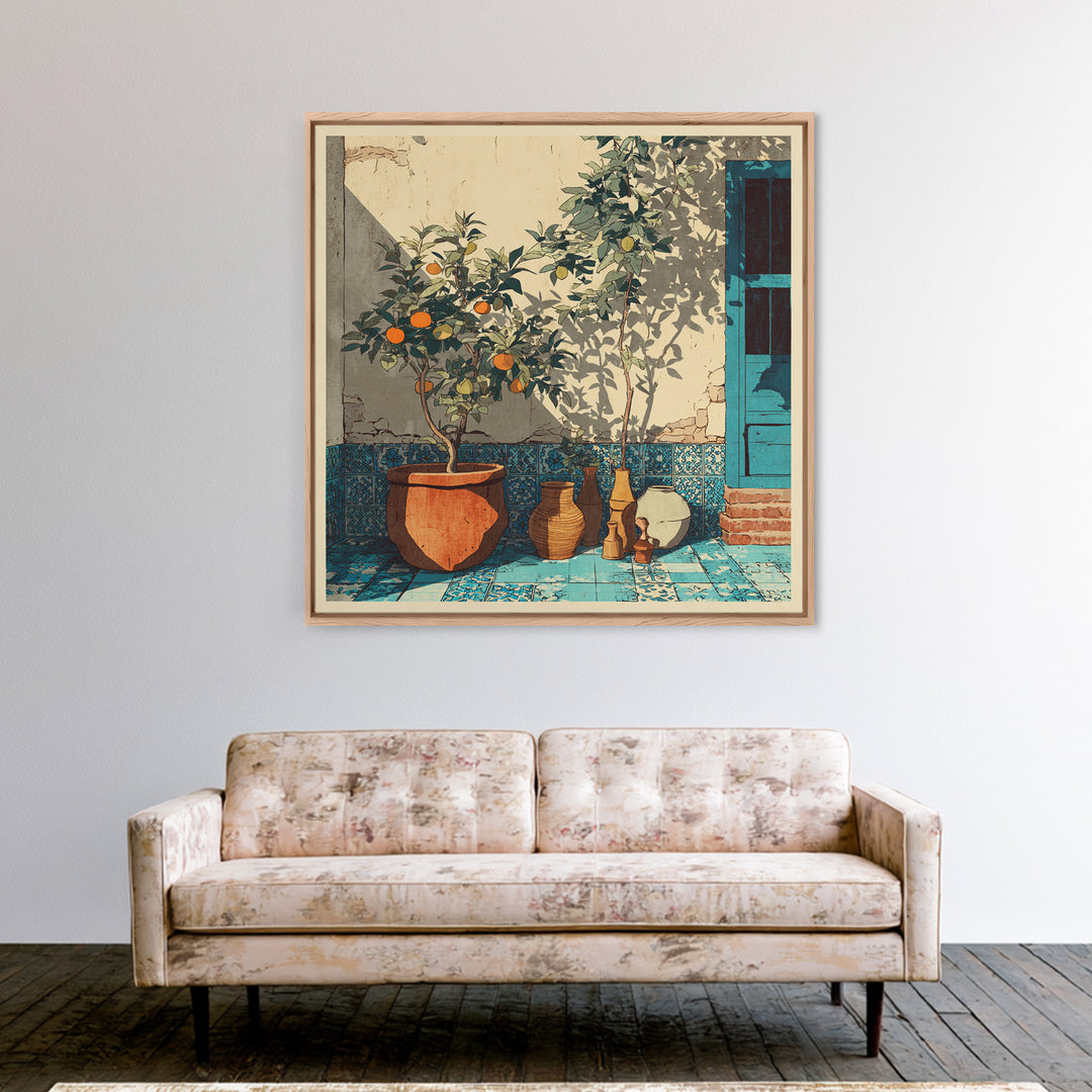 Citrus Tree in Clay Pot Canvas Print, Mediterranean Art, Coastal Wall Decor, Living Room Decor, Oil Painting, Azure, MAR-1x1-82