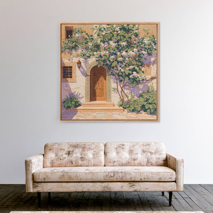 Sunlit Courtyard Doorway Framed Canvas Print, Mediterranean Art, Neutral Decor, Living Room Decor, Oil Painting, Azure, MAR-1x1-83
