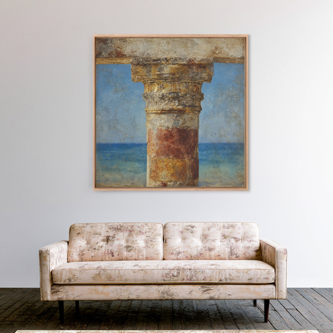 Ancient Column with Sea and Sky Beyond Framed Canvas Print, Mediterranean Art, Downloadable Art, Living Room Decor, MAR-1x1-84
