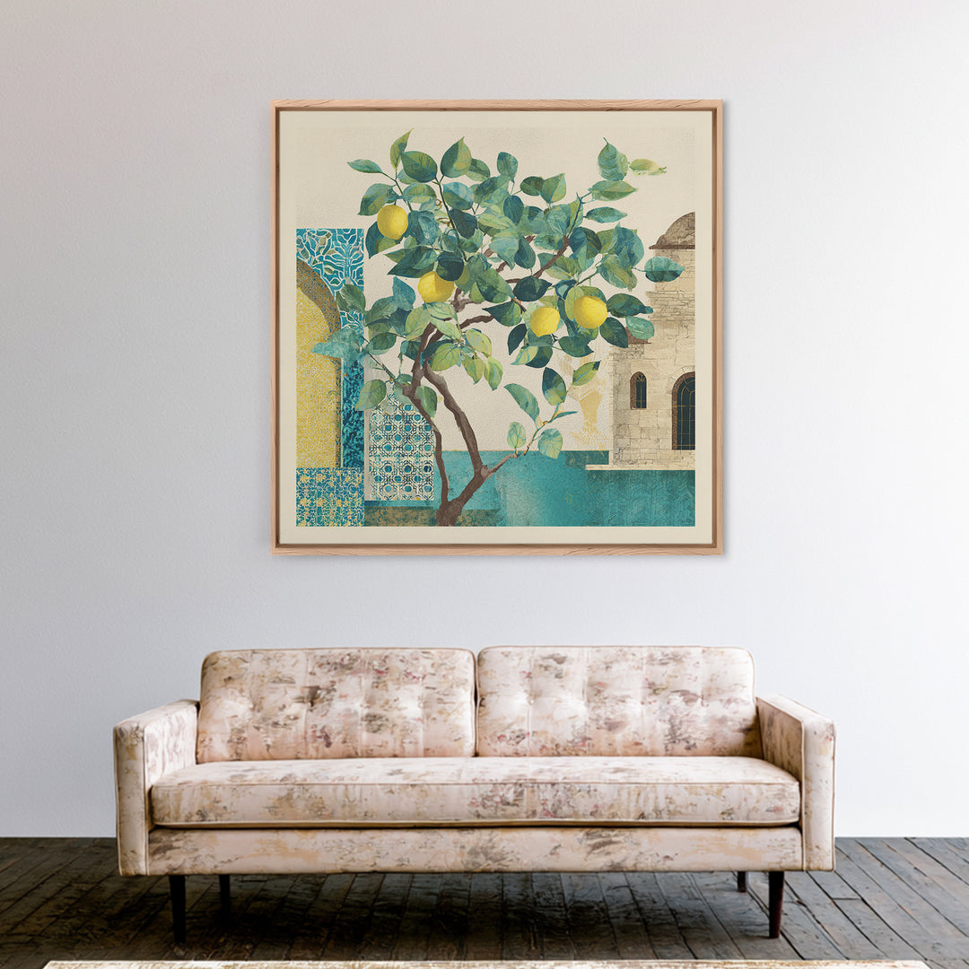 Sicilian Lemon Branch on Ivory Background Canvas Print, Mediterranean Art, Travel Poster, Living Room Decor, Oil Painting, MAR-1x1-85