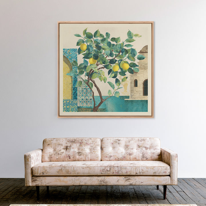 Sicilian Lemon Branch on Ivory Background Canvas Print, Mediterranean Art, Travel Poster, Living Room Decor, Oil Painting, MAR-1x1-85