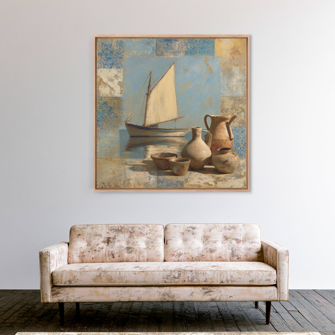 Mediterranean Sailboat on Glassy Water Canvas Print, Mediterranean Art, Gallery Wall Art, Living Room Decor, Fine Art, Azure, MAR-1x1-90
