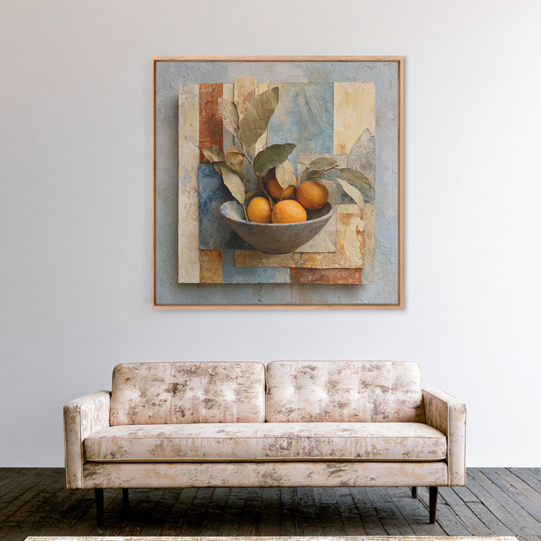 Ceramic Bowl of Oranges and Leaves Framed Canvas Print, Mediterranean Art, Wall Decor, Living Room Decor, Oil Painting, Azure, MAR-1x1-93