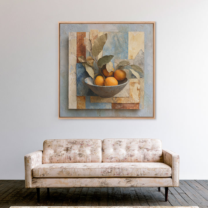 Ceramic Bowl of Oranges and Leaves Framed Canvas Print, Mediterranean Art, Wall Decor, Living Room Decor, Oil Painting, Azure, MAR-1x1-93