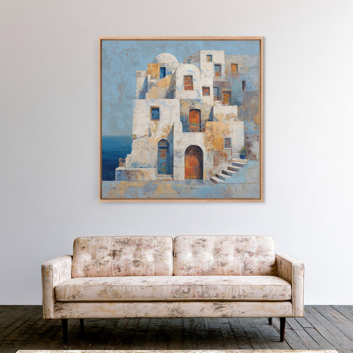 Greek Island White Buildings Above Blue Sea Canvas Print, Mediterranean Art, Luxury Decor, Living Room Decor, Oil Painting, MAR-1x1-97