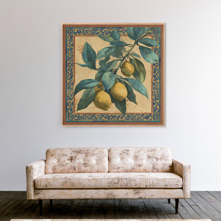 Olive Branch and Lemons on Terracotta Ground Canvas Print, Mediterranean Art, Wall Decor, Living Room Decor, Fine Art, Azure, MAR-1x1-98