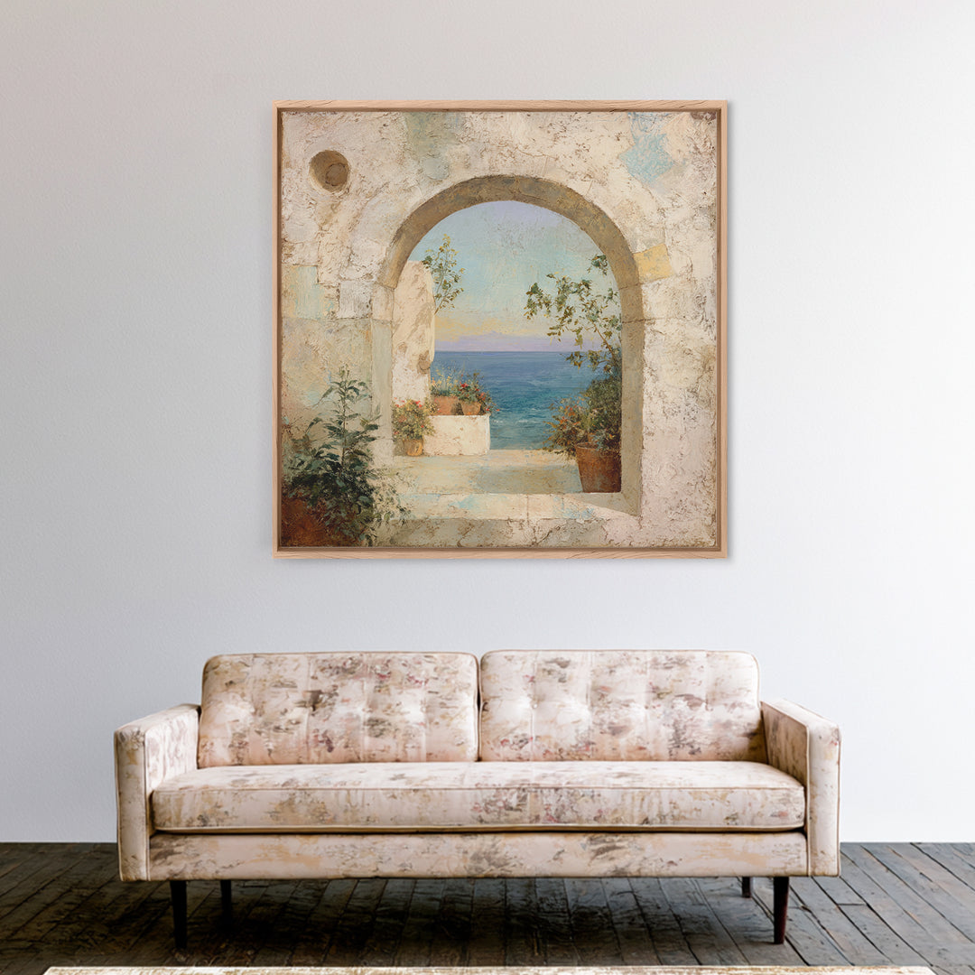 Mediterranean Arch Framing Ocean Horizon Canvas Print, Mediterranean Art, Living Room Decor, Oil Painting, Azure, MAR-1x1-99
