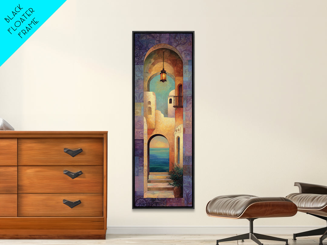 Mediterranean Arch Framing Ocean Horizon Framed Canvas Print, Mediterranean Art, Statement Artwork, Living Room Decor, Azure, MAR-1x3-15
