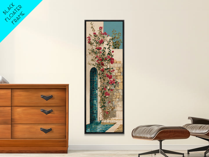 Bougainvillea Cascading over Stone Wall Canvas Print, Mediterranean Art, Modern Decor, Living Room Decor, Fine Art, Azure, MAR-1x3-17