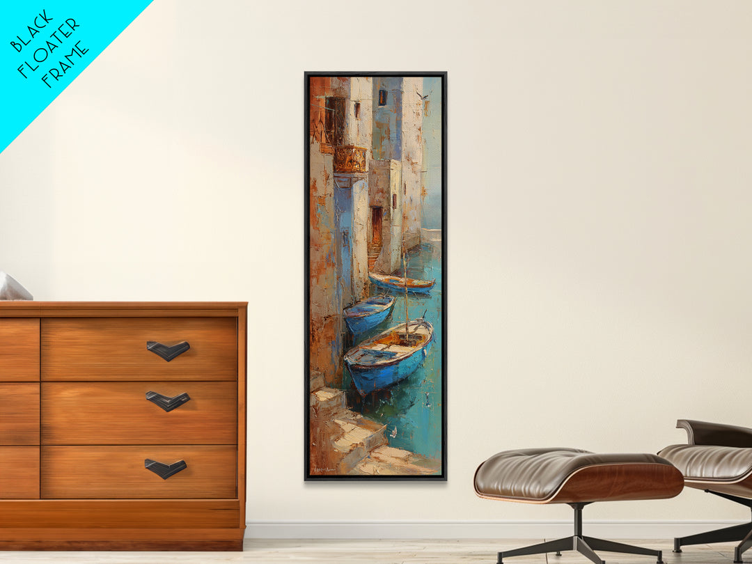 Coastal Fishing Boats Framed Canvas Print, Mediterranean Art, Boho Decor, Living Room Decor, Fine Art, Azure, Digital Wall Art, MAR-1x3-19