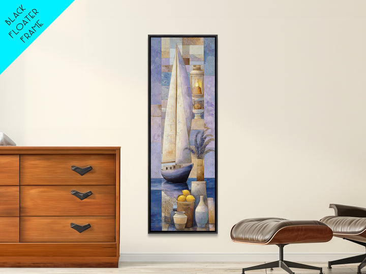 Mediterranean Sailboat on Glassy Water Framed Canvas Print, Mediterranean Art, Coastal Decor, Living Room Decor, Oil Painting, MAR-1x3-30