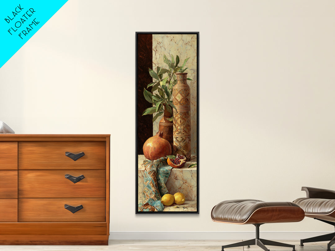 Pomegranate Still Life Framed Canvas Print, Mediterranean Art, Art Print, Living Room Decor, Watercolor Art, Azure, MAR-1x3-31