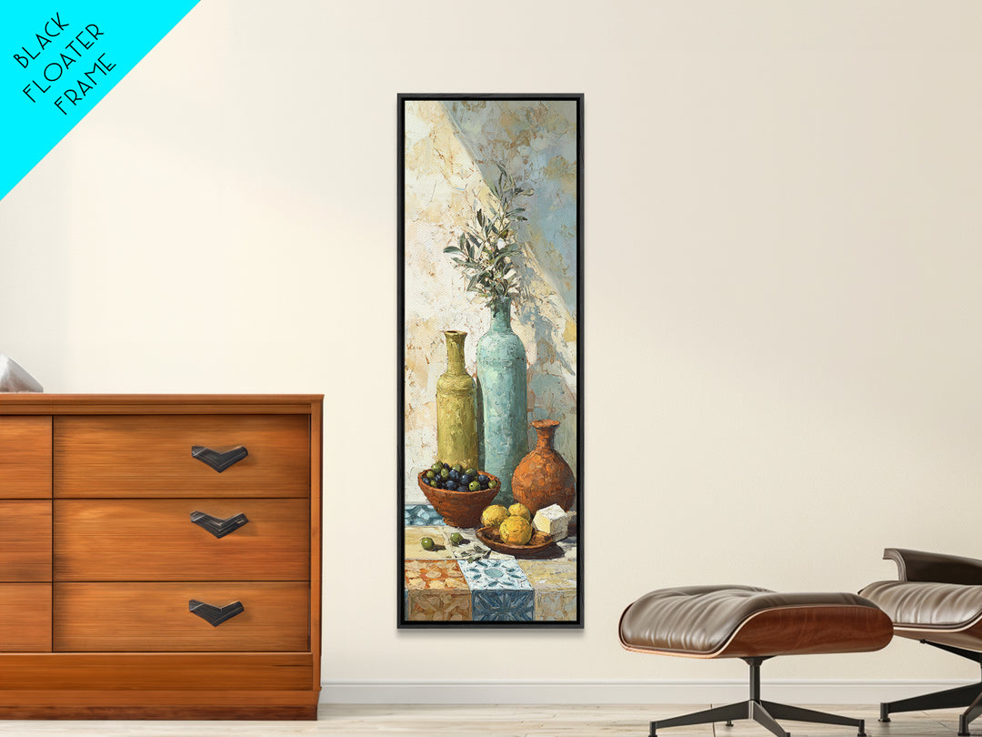 Figs Olives and Cheese Still Life Canvas Print, Mediterranean Art, Statement Artwork, Living Room Decor, Fine Art, Azure, MAR-1x3-44