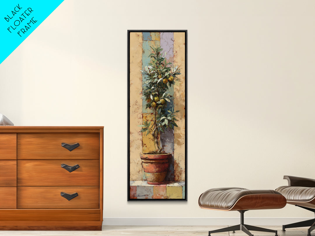 Citrus Tree in Clay Pot Framed Canvas Print, Mediterranean Art, Coastal Art, Living Room Decor, Azure, Statement Artwork, MAR-1x3-46