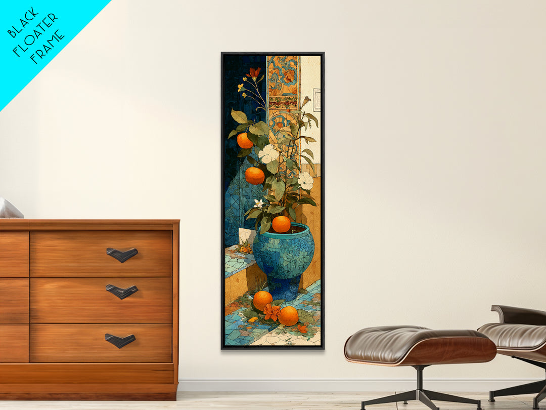 Ceramic Bowl of Oranges and Leaves Canvas Print, Mediterranean Art, Beach Prints, Living Room Decor, Abstract Art, Azure, MAR-1x3-57