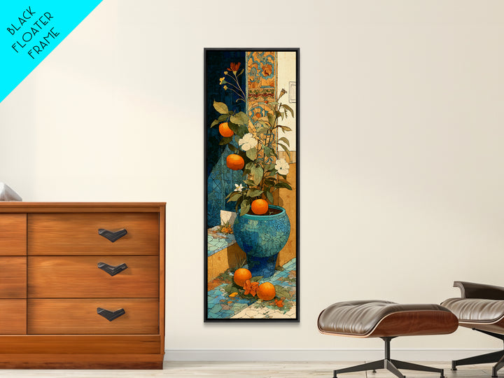 Ceramic Bowl of Oranges and Leaves Canvas Print, Mediterranean Art, Beach Prints, Living Room Decor, Abstract Art, Azure, MAR-1x3-57
