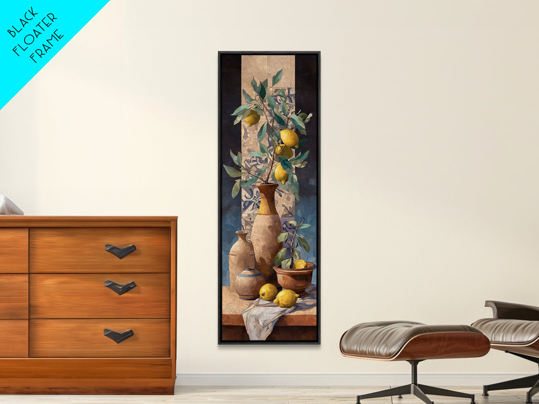 Olive Branch and Lemons on Terracotta Ground Canvas Print, Mediterranean Art, Beach Prints, Living Room Decor, Azure, MAR-1x3-62