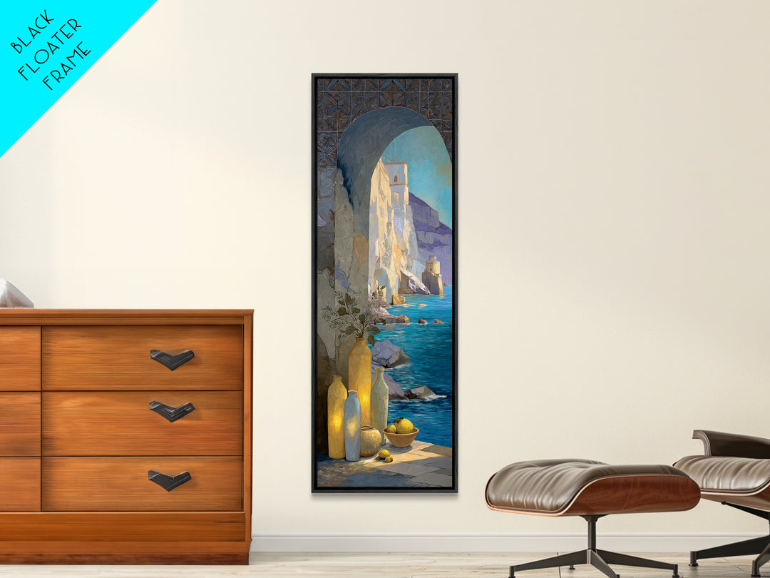 Coastal Cliffs with Sparkling Blue Water Framed Canvas Print, Mediterranean Art, Beach Prints, Living Room Decor, Azure, MAR-1x3-8