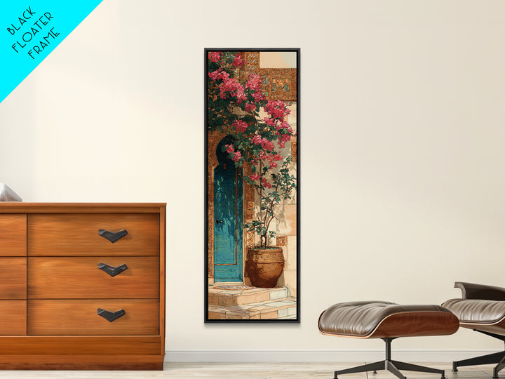 Bougainvillea Cascading over Stone Wall Canvas Print, Mediterranean Art, Watercolor Painting, Living Room Decor, Azure, MAR-1x3-89