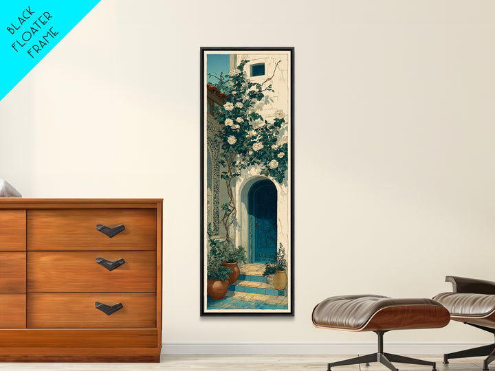 Sunlit Courtyard Doorway Canvas Print, Mediterranean Art, Nautical Decor, Living Room Decor, Oil Painting, Azure, MAR-1x3-95