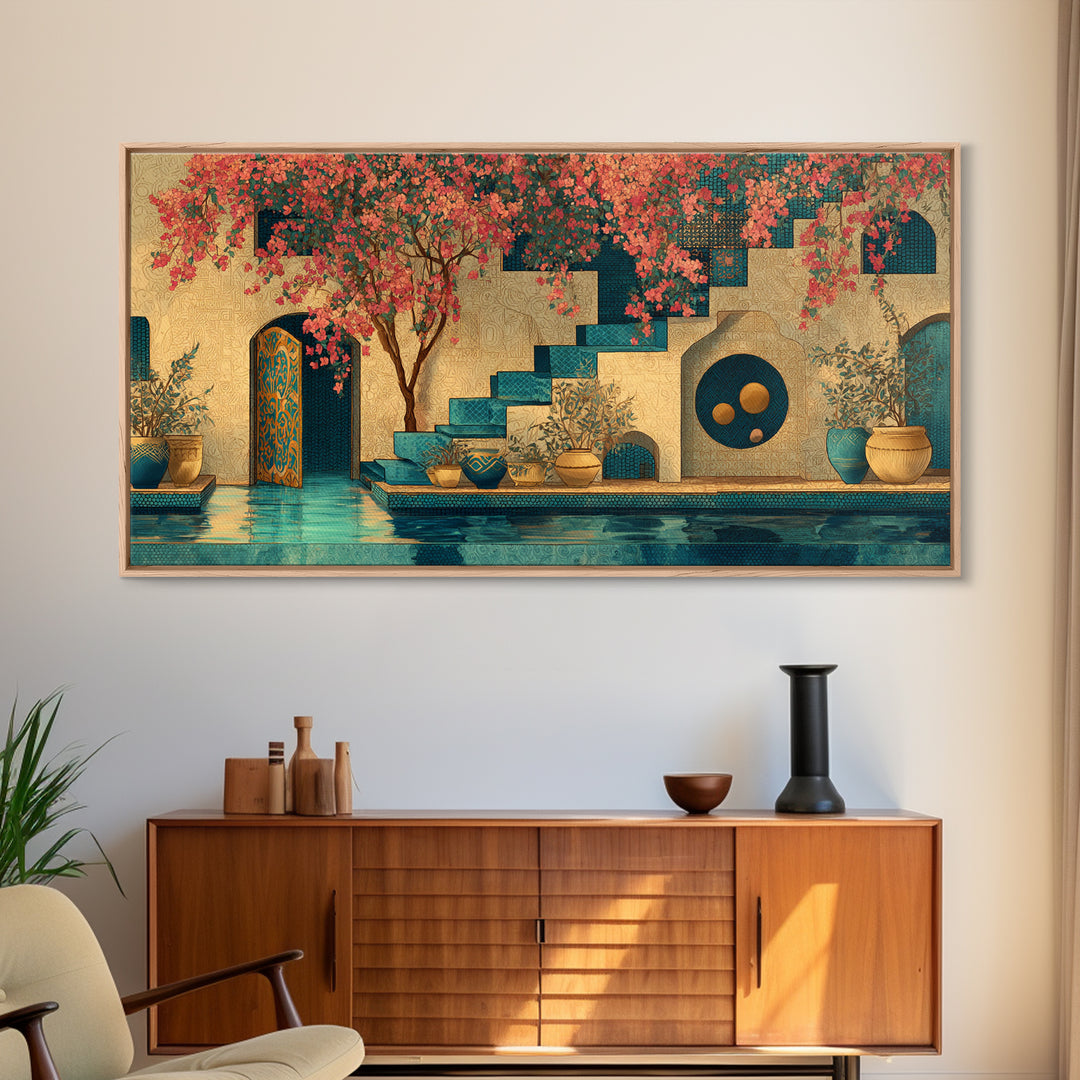 Bougainvillea Cascading over Stone Wall Framed Canvas Print, Mediterranean Art, Art Print, Living Room Decor, Fine Art, Azure, MAR-2x1-1