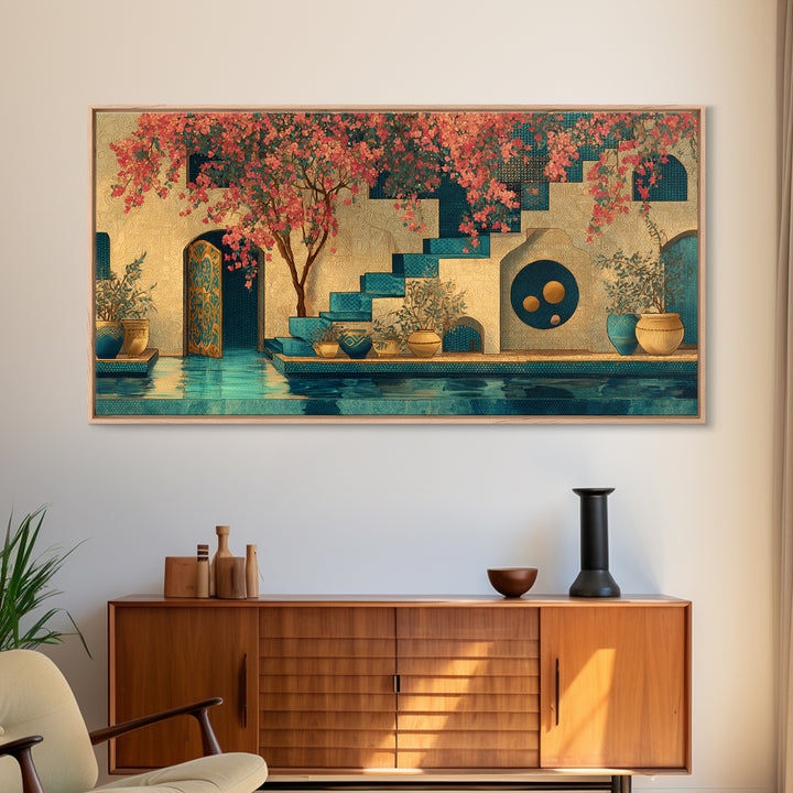 Bougainvillea Cascading over Stone Wall Framed Canvas Print, Mediterranean Art, Art Print, Living Room Decor, Fine Art, Azure, MAR-2x1-1