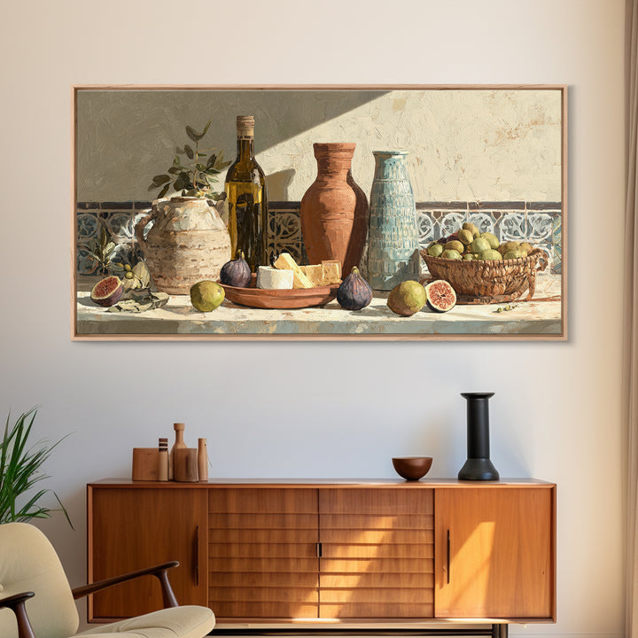 Figs Olives and Cheese Still Life Framed Canvas Print, Mediterranean Art, Minimalist Wall Art, Living Room Decor, Azure, MAR-2x1-100