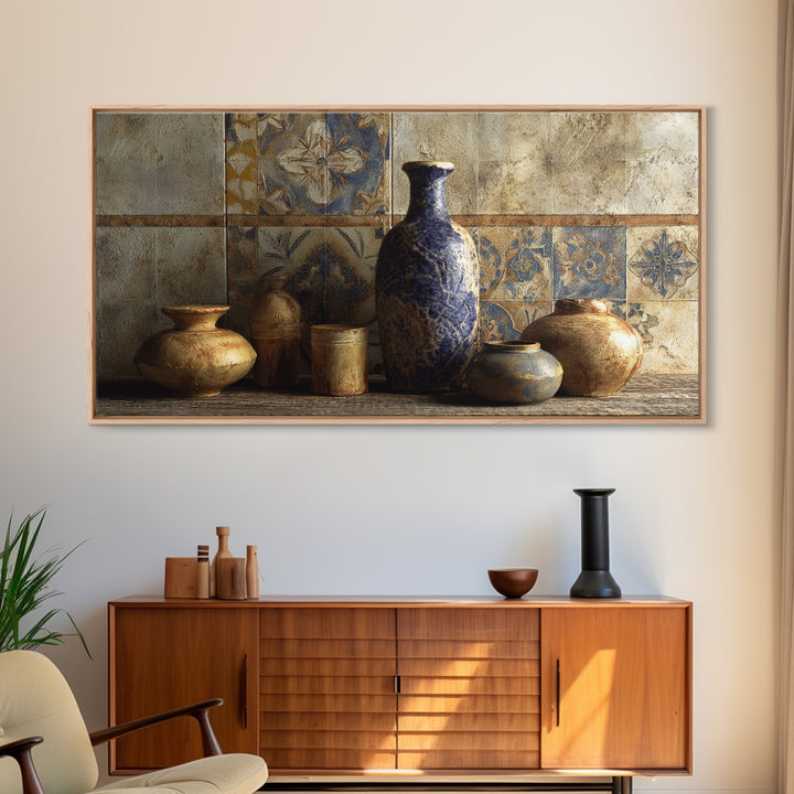 Spanish Tile Ornament Framed Canvas Print, Mediterranean Art, Luxury Decor, Living Room Decor, Fine Art, Azure, Framed Wall Art, MAR-2x1-12