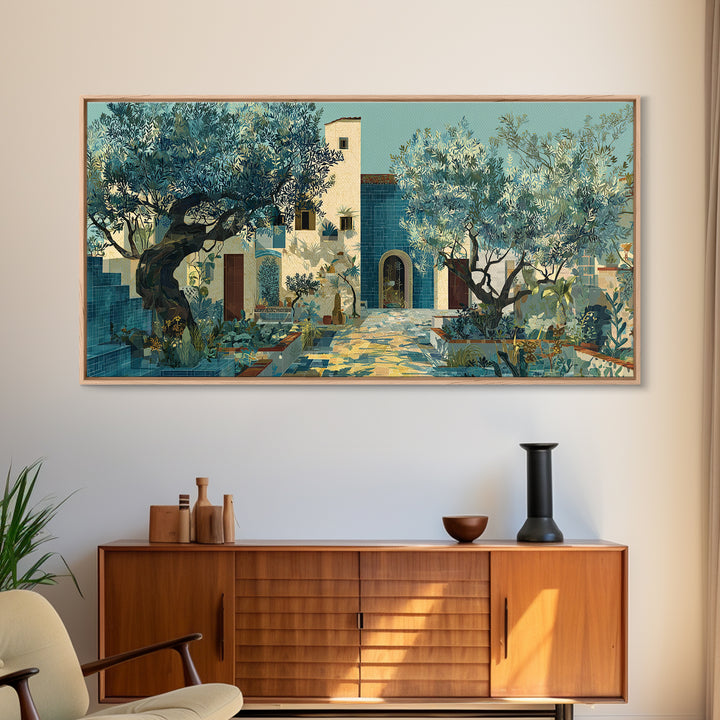 Olive Grove under Pale Morning Light Framed Canvas Print, Mediterranean Art, Boho Decor, Living Room Decor, Fine Art, Azure, MAR-2x1-13