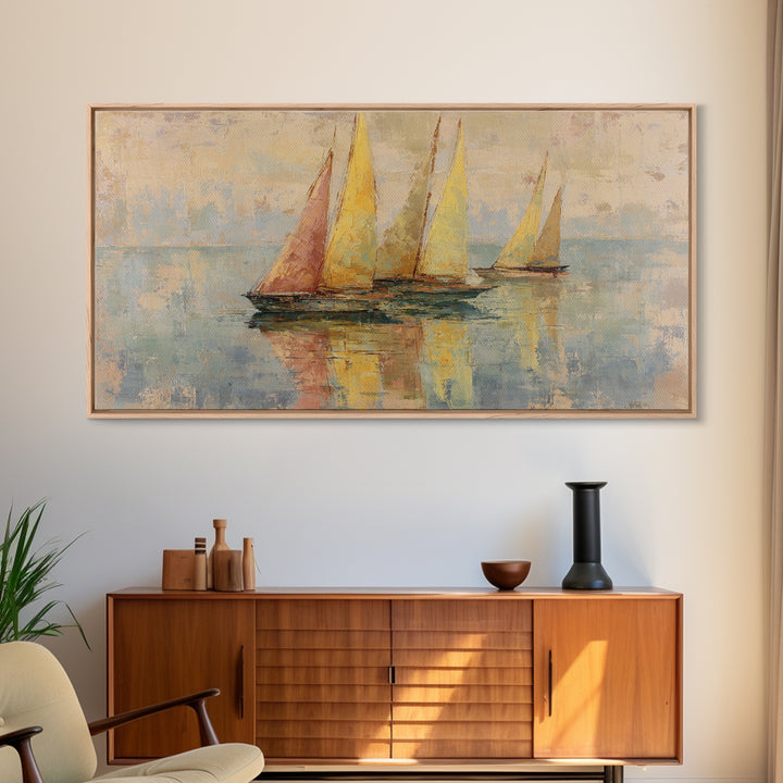 Mediterranean Sailboat on Glassy Water Framed Canvas Print, Mediterranean Art, Travel Poster, Living Room Decor, Watercolor Art, MAR-2x1-14