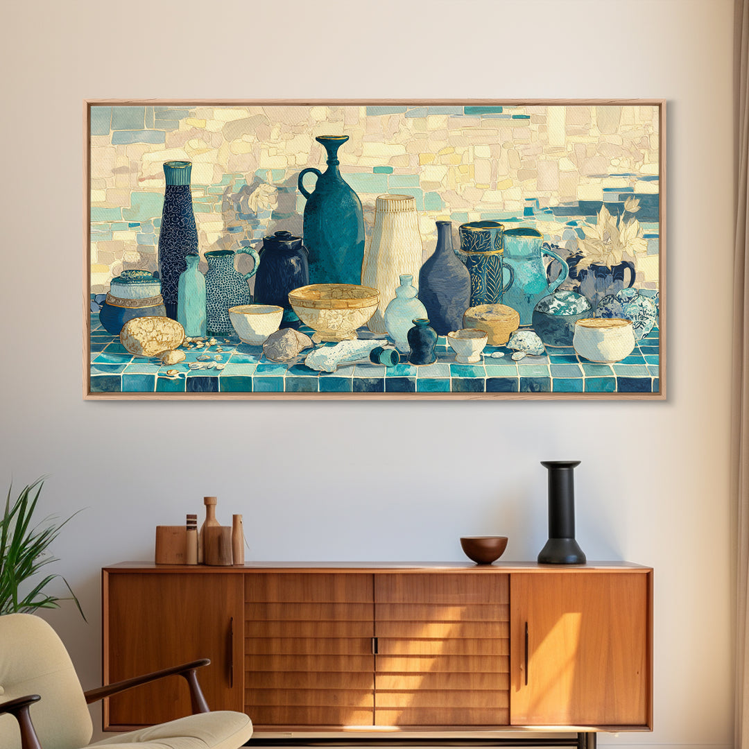 Coastal Cliffs with Sparkling Blue Water Framed Canvas Print, Mediterranean Art, Modern Decor, Living Room Decor, Azure, MAR-2x1-16