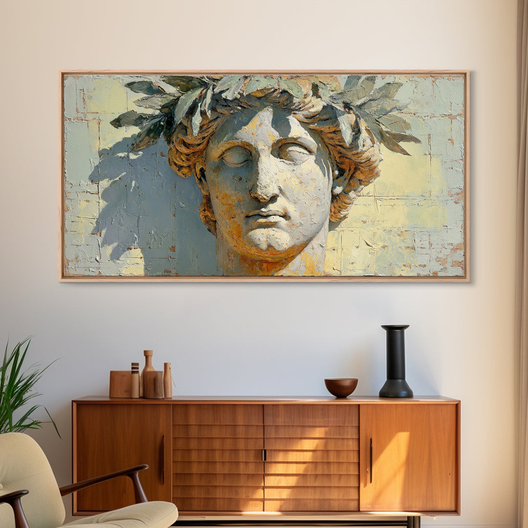 Roman Statue Bust Framed Canvas Print, Mediterranean Art, Gallery Decor, Living Room Decor, Fine Art, Azure, Minimalist Decor, MAR-2x1-18