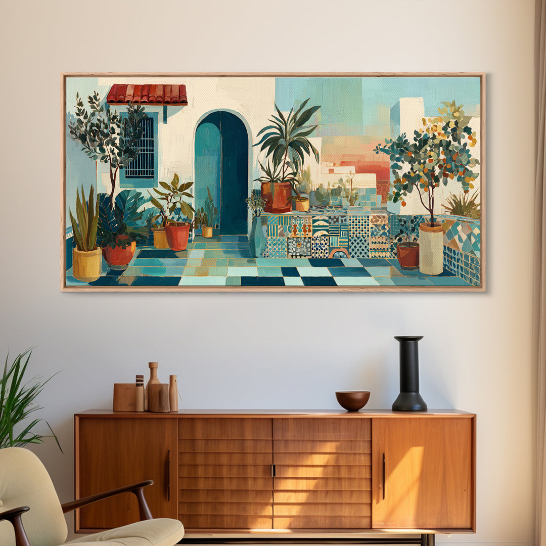 Sunset over Red Tiled Rooftops Framed Canvas Print, Mediterranean Art, Gallery Wall Art, Living Room Decor, Fine Art, Azure, MAR-2x1-19
