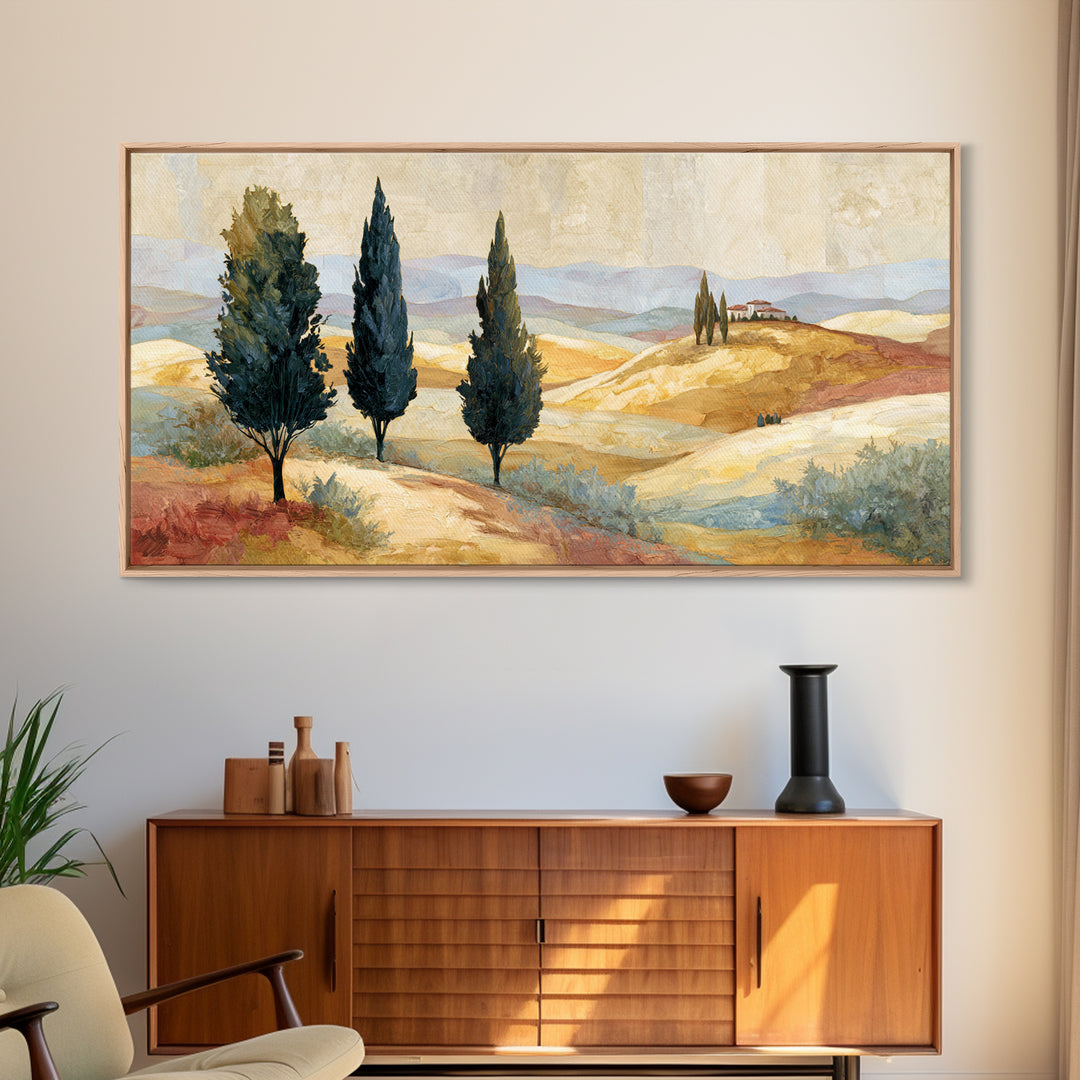 Tuscan Cypress Trees and Golden Hillside Canvas Print, Mediterranean Art, Neutral Decor, Living Room Decor, Abstract Art, Azure, MAR-2x1-2