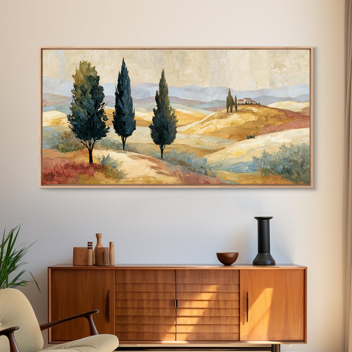 Tuscan Cypress Trees and Golden Hillside Canvas Print, Mediterranean Art, Neutral Decor, Living Room Decor, Abstract Art, Azure, MAR-2x1-2