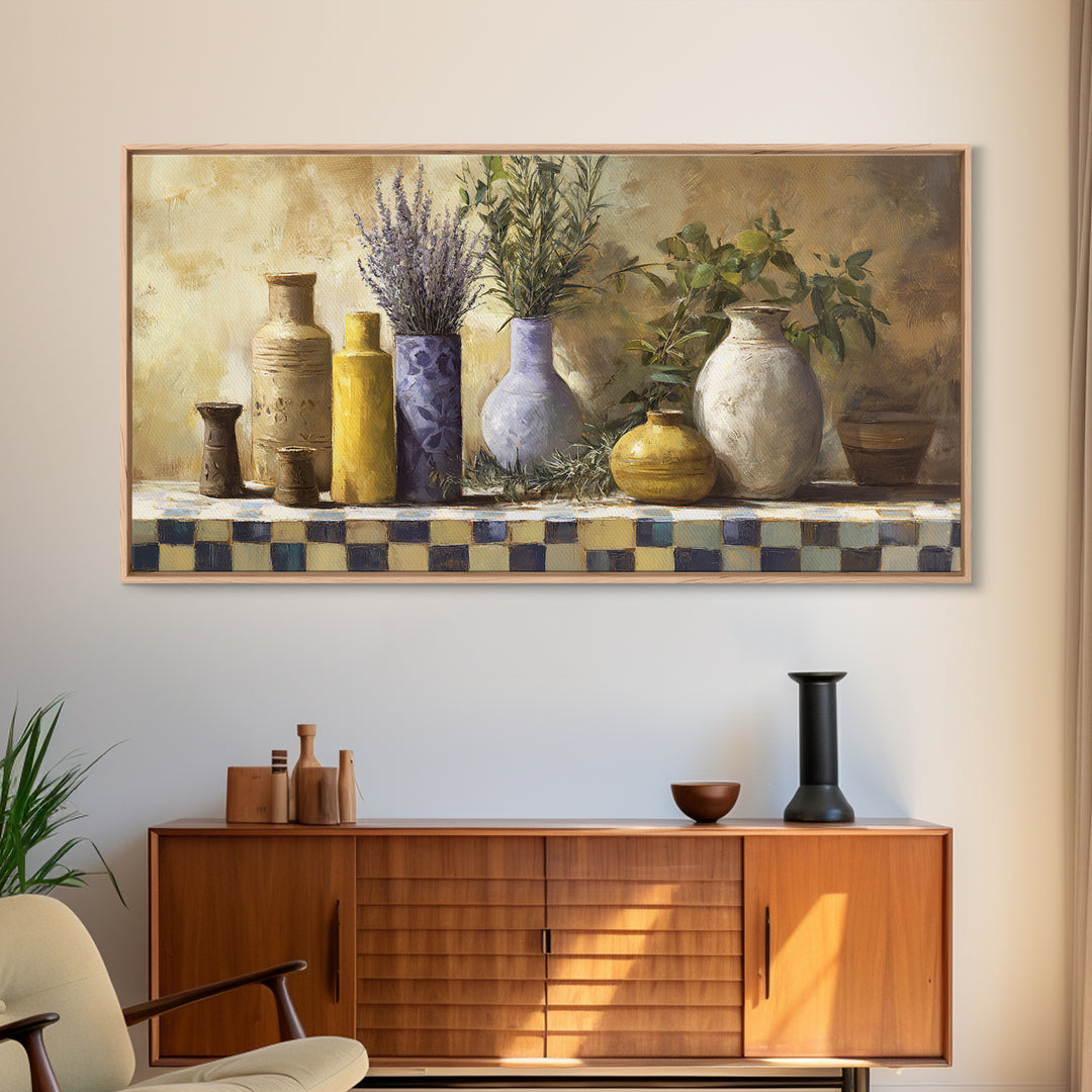 Wild Herbs Rosemary and Thyme Botanical Study Framed Canvas Print, Mediterranean Art, Fine Art Print, Living Room Decor, Azure, MAR-2x1-20
