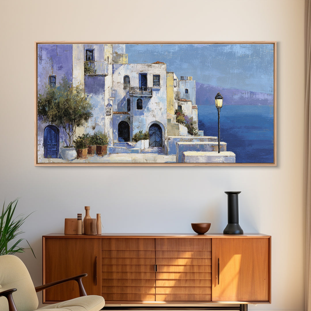 Greek Island White Buildings Above Blue Sea Canvas Print, Mediterranean Art, Luxury Decor, Living Room Decor, Oil Painting, MAR-2x1-21