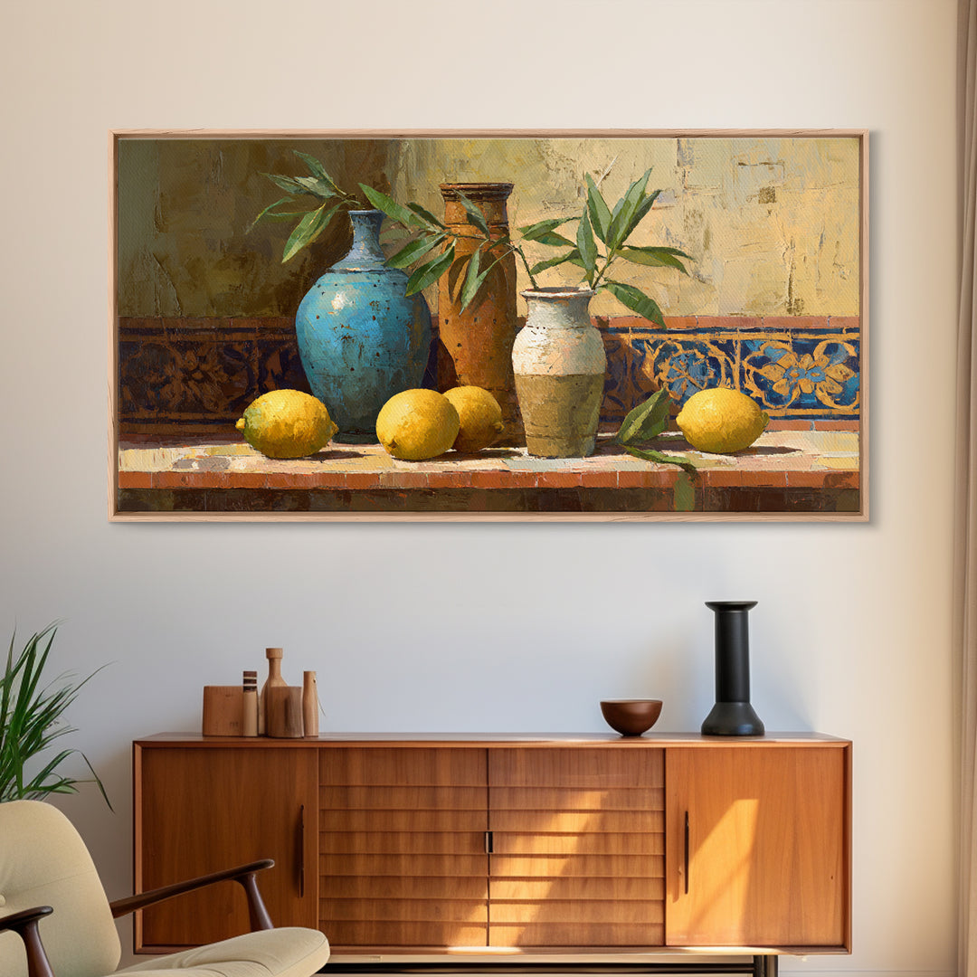 Olive Branch and Lemons on Terracotta Ground Canvas Print, Mediterranean Art, Wall Decor, Living Room Decor, Fine Art, Azure, MAR-2x1-22
