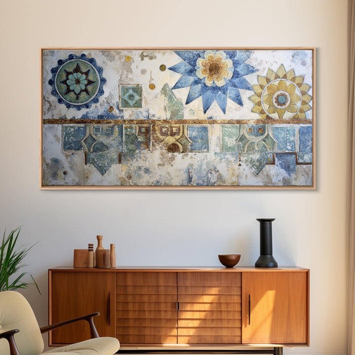 Blue and White Tile Pattern Framed Canvas Print, Mediterranean Art, Textured Painting, Living Room Decor, Fine Art, Azure, MAR-2x1-24
