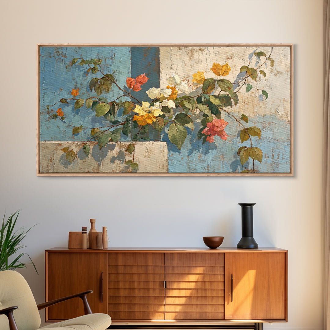 Bougainvillea Cascading over Stone Wall Framed Canvas Print, Mediterranean Art, Art Print, Living Room Decor, Fine Art, Azure, MAR-2x1-25
