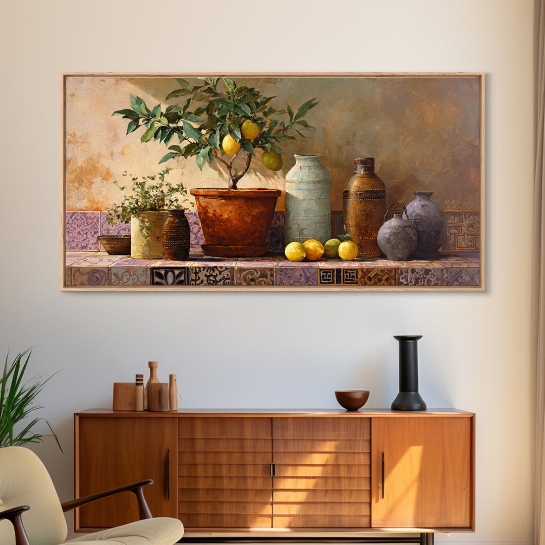 Citrus Tree in Clay Pot Framed Canvas Print, Mediterranean Art, Modern Decor, Living Room Decor, Fine Art, Azure, MAR-2x1-30